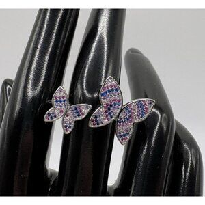 Sterling Silver 925 Butterfly Ring Pink Purple Pave Rhinestone Crystal Size 5.5